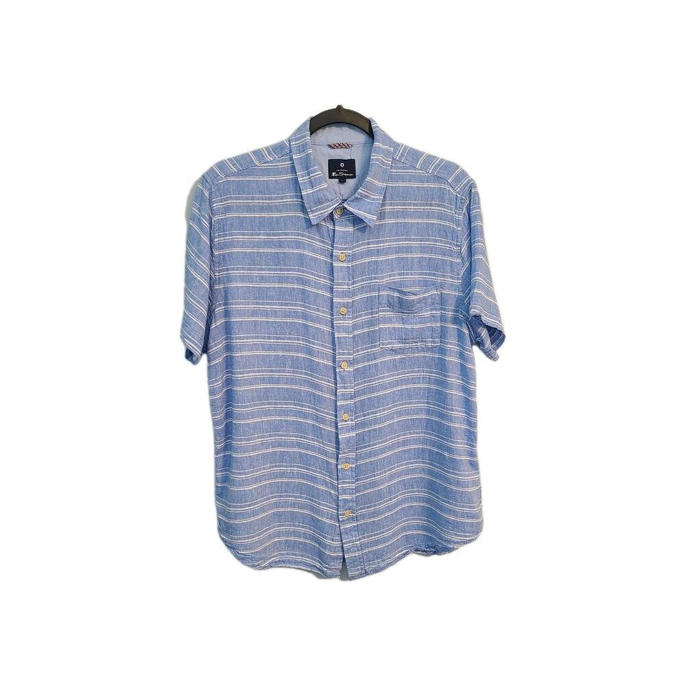 Ben Sherman Mens L Linen Blend Stripe Button Up SS Shirt Euro Summer Nautical